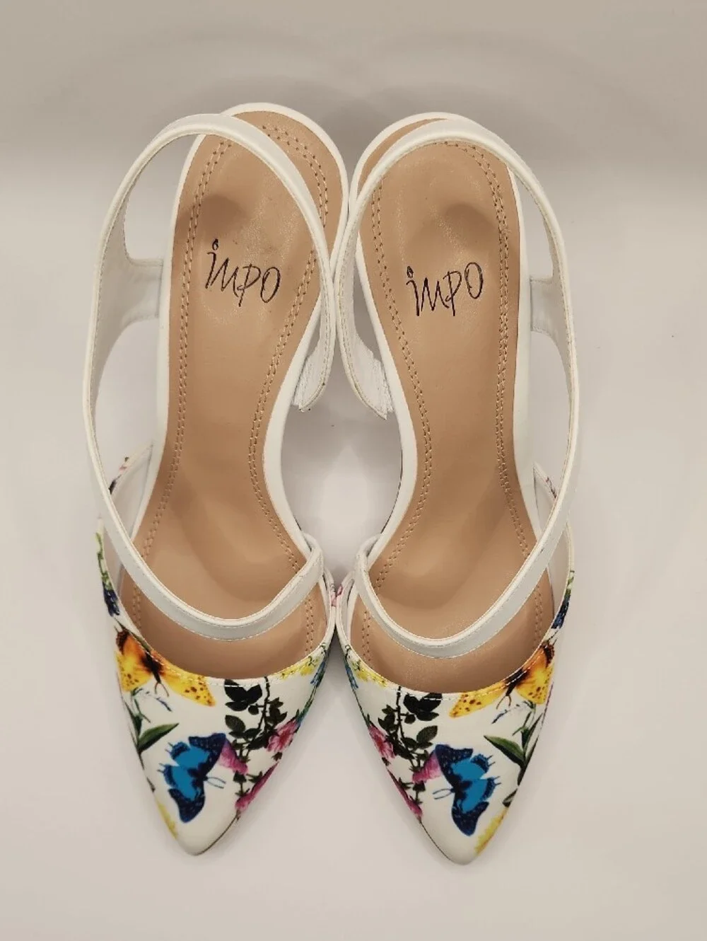 New Impo White Floral & Butterfly Pointed-Toe Slingback Heels